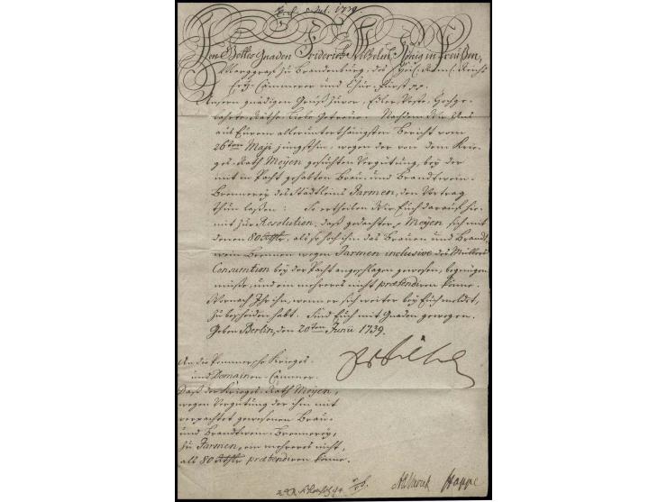 1739, Friedrich Wilhelm I. (1713-1740), vollständiger Brief des Königs mit seiner Unterschrift aus Berlin vom 20. Juni an den