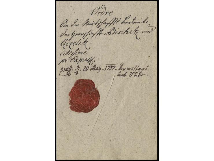 Siebenjähriger Krieg: 1757, "Ordre" des "Königl. Preuß. Feld-Kriegs-Commissariats" mit gut erhaltenem Siegel aus Jung-Bunzlau