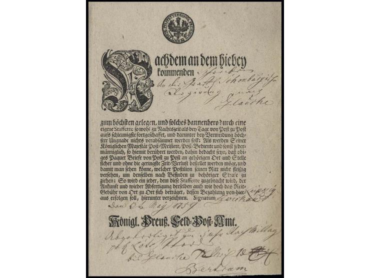 1759, Estafettenpass des "Königl. Preuß. Feld=Post=Amt." aus Zwickau vom 3. Mai mit der Unterschrift des Feldpostmeisters Ber