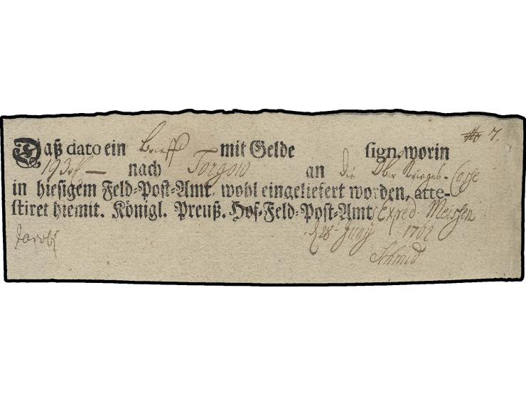 1762, Einlieferungsschein der Feldpost "Königl. Preuß. Hof=Feld=Post=Amt", handschriftlich durch "Expedition" ersetzt, aus Me
