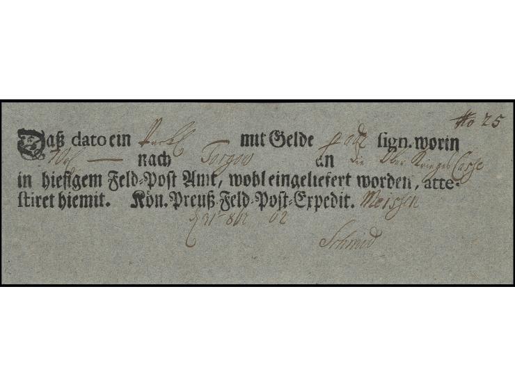 1762, Einlieferungsschein der Feldpost, Vordruck "...Expedit." wiederum aus Meißen vom 31. August für eine Wertbriefsendung a