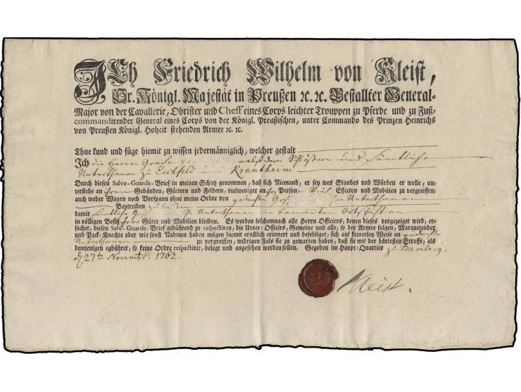 1762, "Salve-Guarde"-Brief, ausgestellt vom Kommandanten Generalmajor Friedrich Wilhelm von Kleist (1724-1767) im Hauptquarti