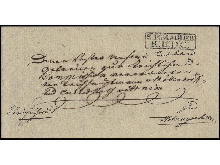 1774, Ra2 "K:P:MAGDEB:K:U:D:C:" (Königl. Preuß. Magdeburgische Kriegs- und Domänenkammer) auf Dienstbrief nach Hohengehren. U