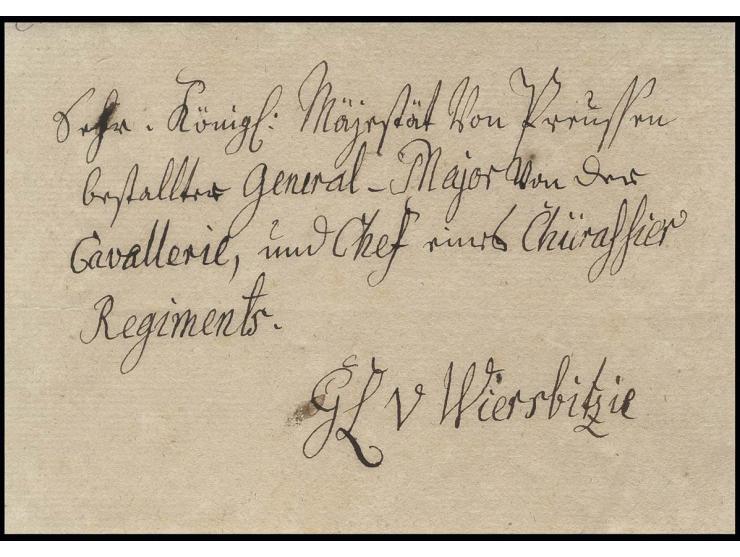 1786 (ca.), Briefumschlag an Georg Ludwig von Wiersbitzki (richtige Schreibweise), seit 1763 General der Kavallerie und ab 17