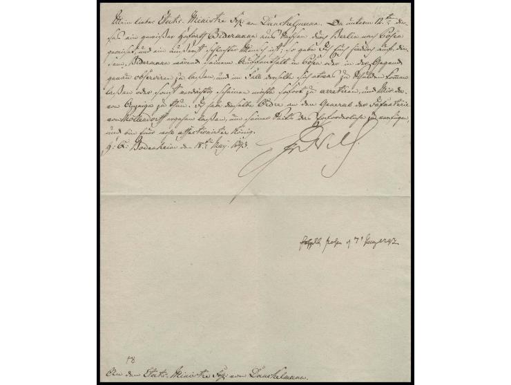 1793, Friedrich Wilhelm II., vom König unterzeichneter Militärkurierbrief aus dem Feldlager in Bodenheim vom 18. Mai während 