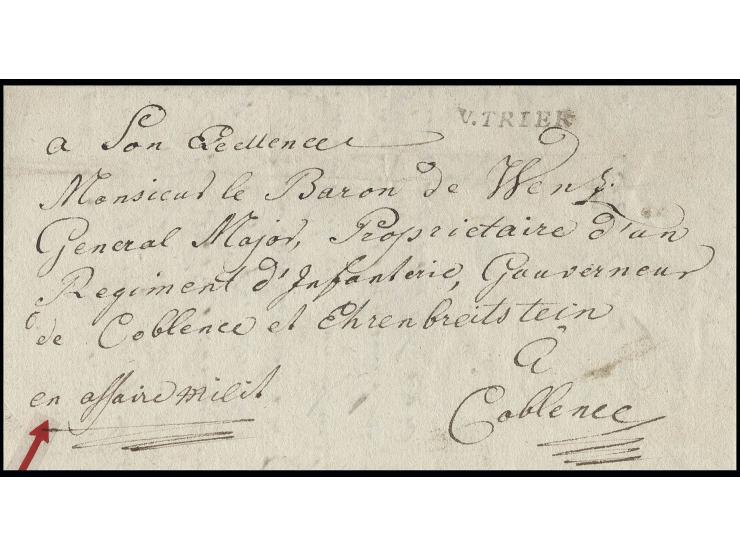 1793, Feldpostbrief mit L1 "V. TRIER", aufgegeben im Thurn u. Taxis-Postamt mit Portofreiheitsvermerk "en affaire milit(aires