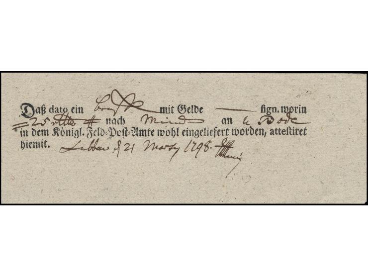1798, Einlieferungsschein der Feldpost mit Vordruck "Königl. Feld=Post=Amte", aus Lübbecke für Wertbrief nach Minden. Die pre