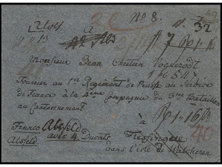 1807, Wertbrief an den "Fourier Vockerodt im 1. Preußischen Regiment im Dienst Frankreichs in der 4. Kompanie des 3. Bataillo