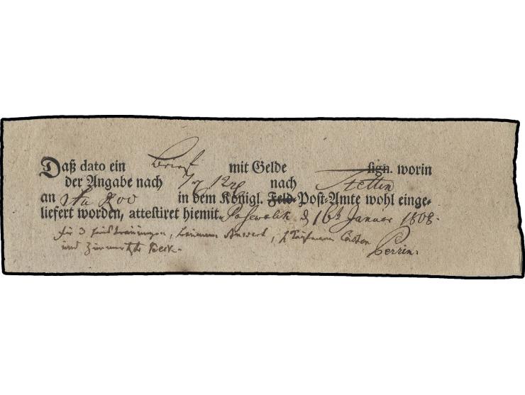 1808, Einlieferungsschein der Feldpost "Königl. Feld=Post=Amte", "Feld" gestrichen und im zivilen Postverkehr in Pasewalk auf