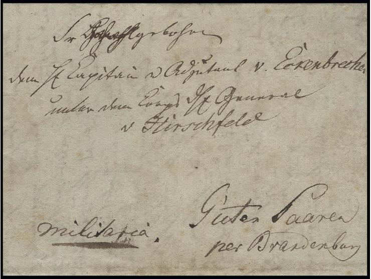 1813, Feldpostbrief mit "militaria"-Vermerk vom 5. November an den Kapitän und Adjudanten v. Eckenbrecher unter dem Korps-Gen