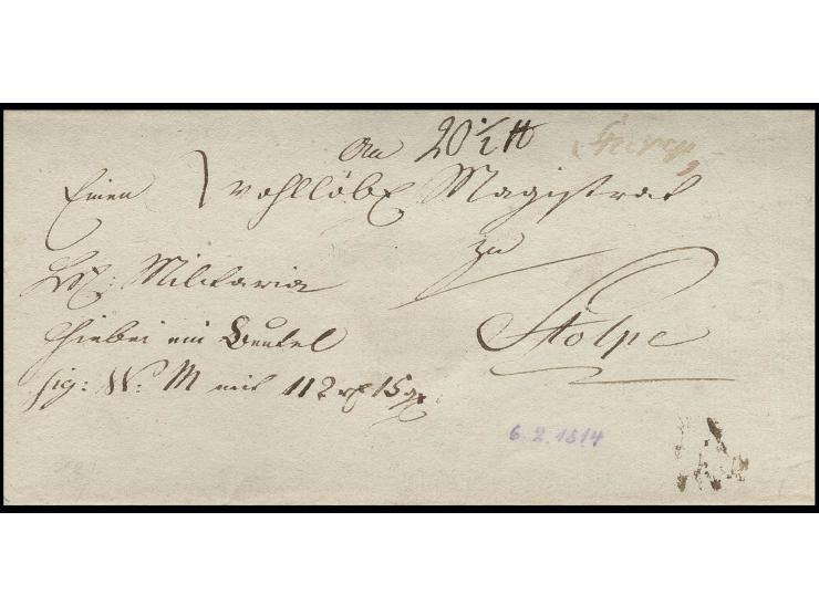 1814, Militär-Paketbegleitbrief, portofreie Geldsendung mit "Militaria"-Vermerk der "Detachierten Kasse zwischen Oder und Wei