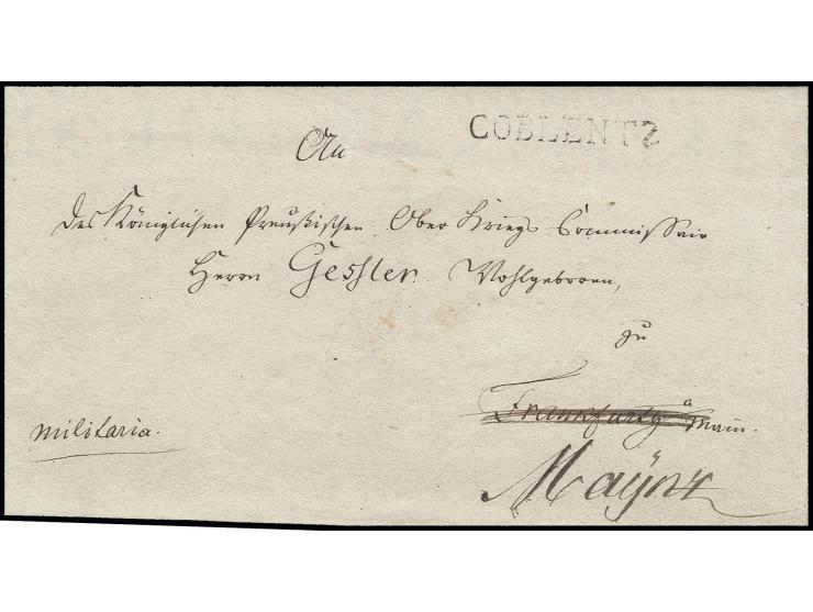 1814, Brief des Ober-Feldpostmeisters Büchner aus Paris vom 27. März mit "militaria"-Vermerk über "COBLENTZ" nach Mainz an de