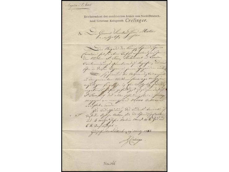 1814, Militärbrief des Intendanten der Armee von Norddeutschland (Nordarmee, Befehlshaber, Prinz Bernadotte), Kriegsrat Creli