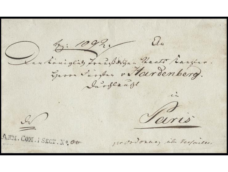 1814, Brief mit L1 "ARM. COM. I. SECT. No." an den preußischen Staatskanzler von Hardenberg "per Ordonanz über Versailles", H