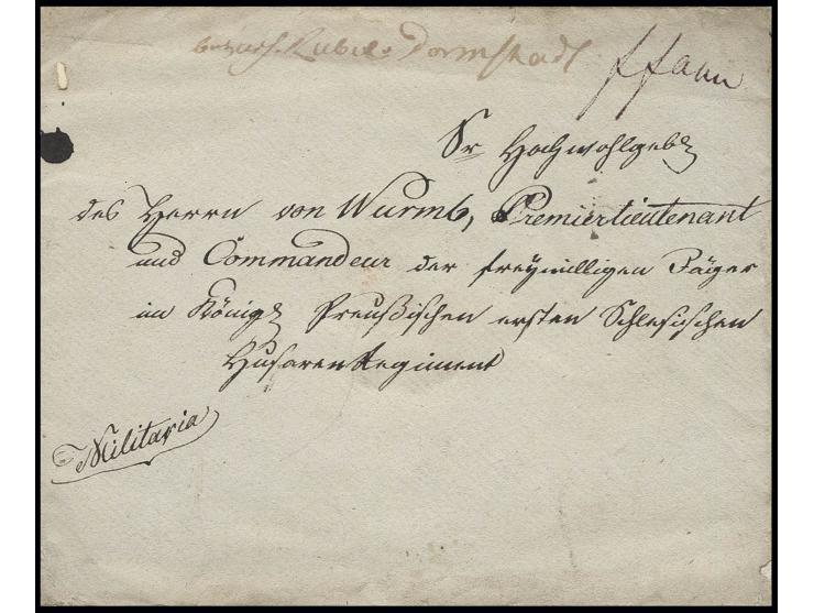 1814, Feldpostbrief mit "Militaria"-Vermerk an "Herrn Wurmb Premierleutnant und Commandeur der freywilligen Jäger im Königl. 
