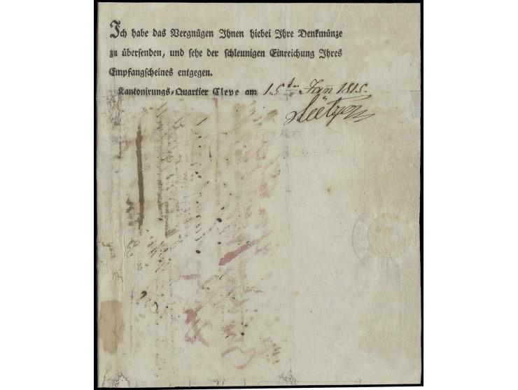 1815, Adolf Wilhelm von Lützow (1782-1834), Vordruck-Briefhinhalt mit der Unterschrift des Oberstleutnant aus dem Kantonierun