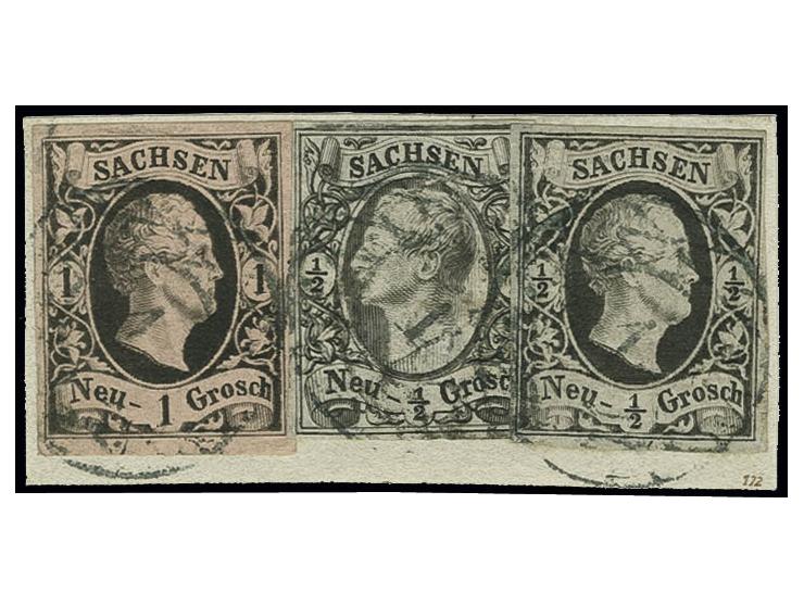 1 Neugroschen auf mattgraurot und ½ Neugroschen auf schwarz in wertstufengleicher Mischfrankatur mit Johann ½ Neugroschen in 