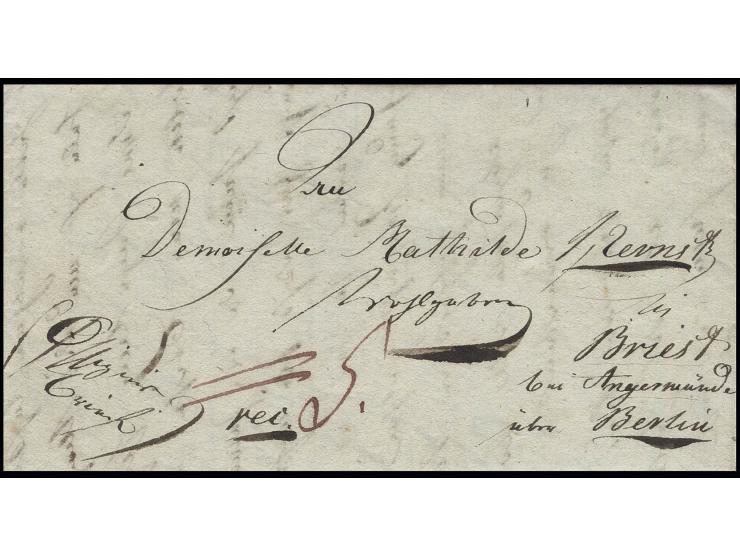 1815, "Offiziers Brief" aus Damville (bei Evreux) nach Briest bei Angermünde mit Vermerk "rec." (recommandirt) und roter Taxi