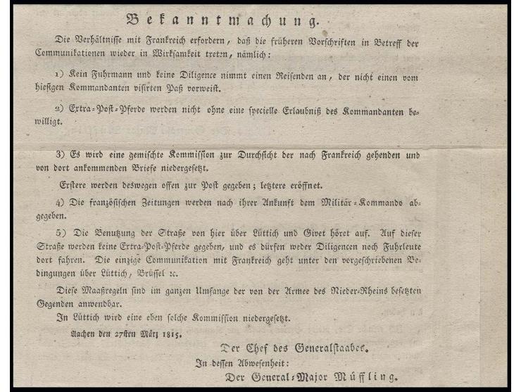 1815, Verfügung des Generalstabchefs über zivilen Post- und Reiseverkehr von und nach Frankreich aus Aachen vom 27. März, Anf