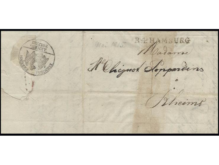 1815, Stempel der Zensurbehörde "KOENIGL: PREUSS: ARMEE=POLIZEI" auf der Rückseite eines Briefes mit Rayon-L1 "R 4 HAMBURG" v