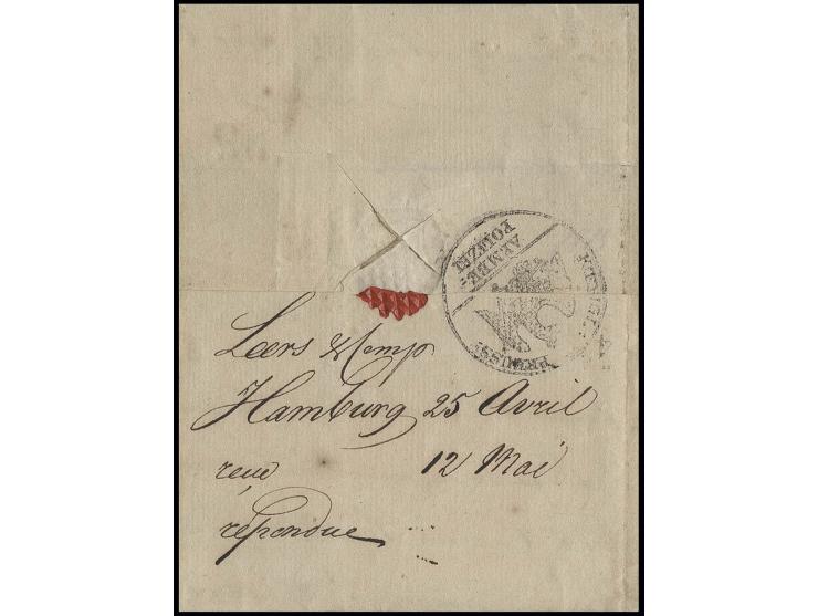 1815, "KÖNIGL: PREUSS: ARMEE=POLIZEI", Zensurstempel auf der Rückseite eines Briefes aus Hamburg vom 25. April