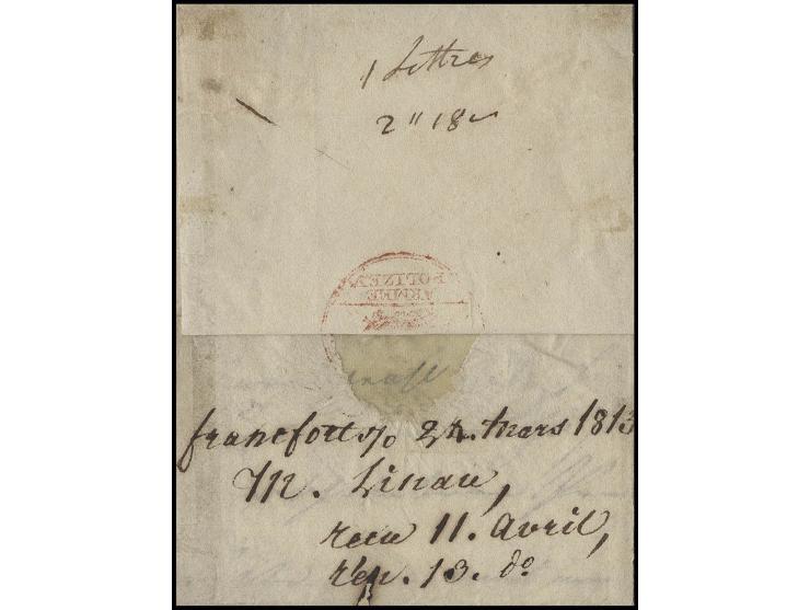 1815, "KÖNIGL: PREUSS: ARMEE=POLIZEY", Fragment des sehr seltenen Stempels mit der Schreibweise "y" in "POLIZEY" auf Brief au