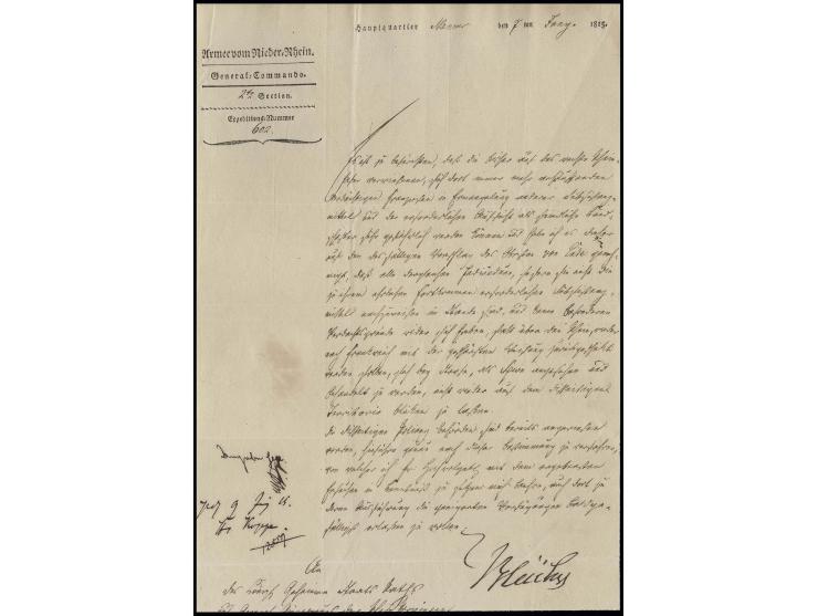 1815, Gerhard Leberecht von Blücher (1742-1818), Schreiben des Feldmarschalls mit seiner Unterschrift vom 7. Juni auf Vordruc