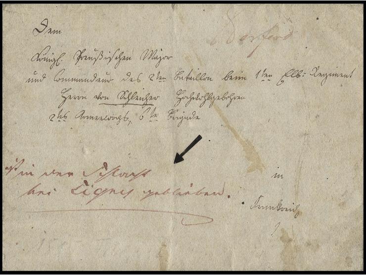 1815, "ist in der Schlacht bei Ligny geblieben" - Rücksendevermerk auf einem Brief aus "Herford" (roter Ortsvermerk) an den i