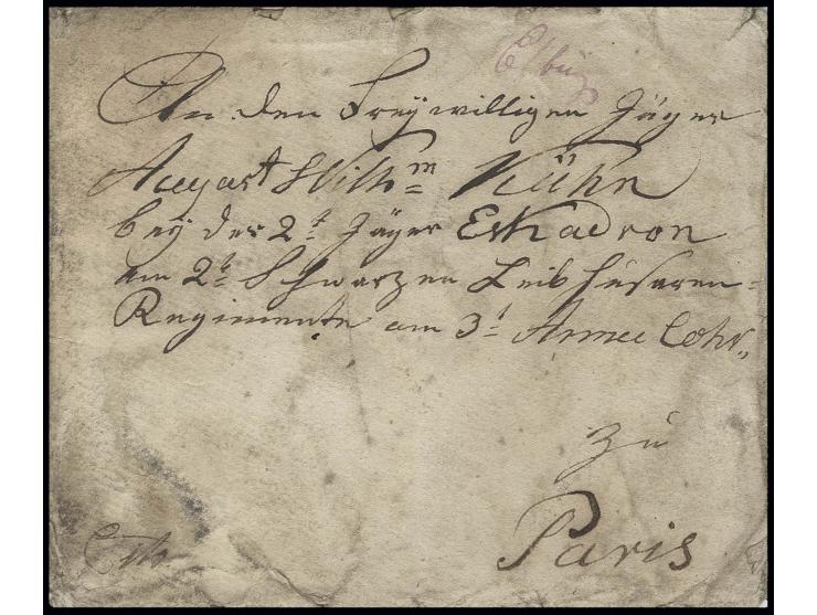 1815, Brief aus Elbing (Westpreußen) vom 3. August mit postalischem Ortsvermerk "An den freywilligen Jäger Horst August Wilhm