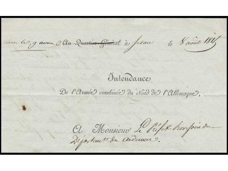 1815, Vordruck-Briefkopf der Intendantur der Norddeutschen Bundestruppen vom 8. August "Service militaire" auf Ortsbrief in S