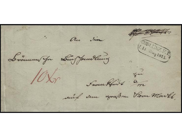 1816, Ra2 "COBLENZ. F. P. d. 11. May 1816", erster preußischer Feldpoststempel des Feldpostamts in Konstanz auf Brief von Maj