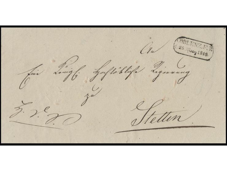 1816, Ra2 "COBLENZ. F. P. d. 25. May 1816" auf Militärbrief an die Regierung in Stettin, deutlicher Abschlag des seltenen Ste