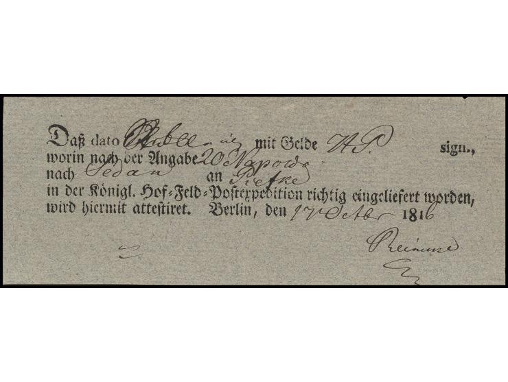1816, Einlieferungsschein der Feldpost, Ortsvordruck "Königl. Hof=Feld=Postexpedition...Berlin" vom 17. Oktober für einen Gel