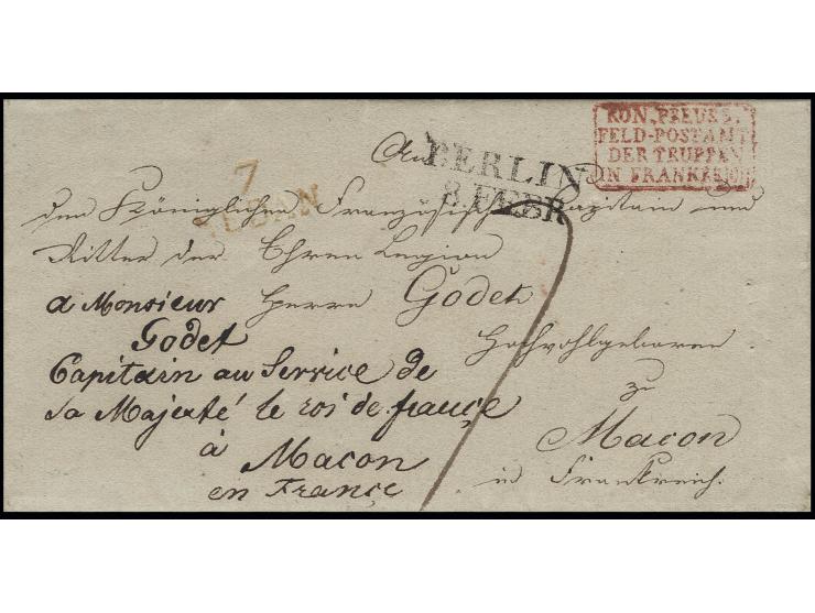 1817, "KÖN. PREUSS. FELD-POSTAMT DER TRUPPEN IN FRANKREICH", roter Ra4-Feldpoststempel des Hofpostamts Berlin und L2 "BERLIN 