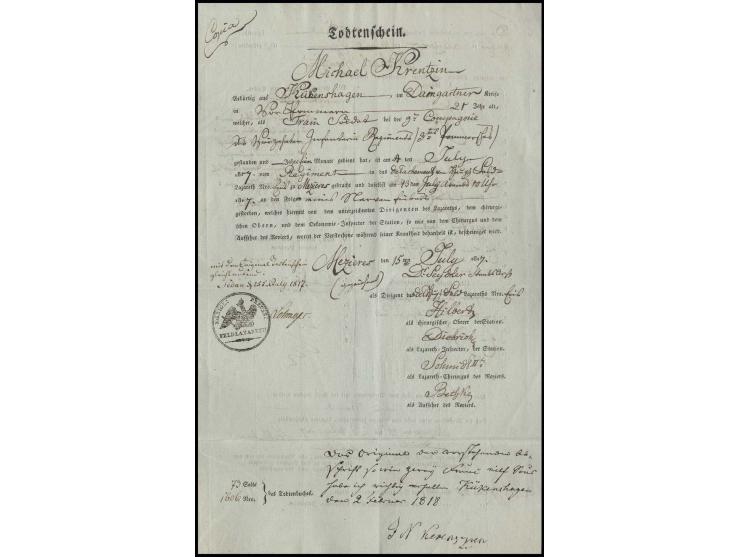 1817, "Todtenschein" für einen Train-Soldaten aus dem Kreis Damgarten in Vorpommern, Angehöriger eines Pommerschen Regiments,
