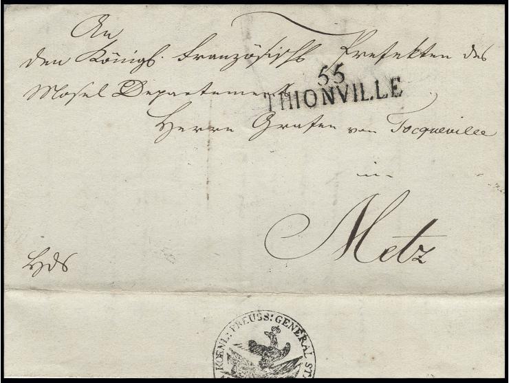 1818, Feldpostbrief des "KÖNIGL: PREUSS: GENERAL STAB ARMEE-CORPS IN FRANKREICH", Siegel auf einem Brief aus Sedan vom 6. Apr
