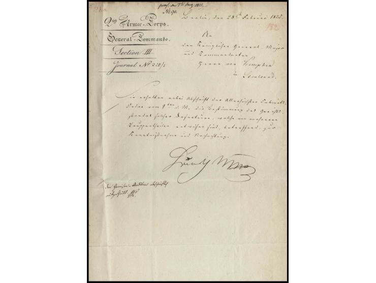 1825, Schreiben des 2. Armee-Korps, General-Kommando aus Berlin vom 28. Februar an den Kommandanten von Stralsund, Mitteilung