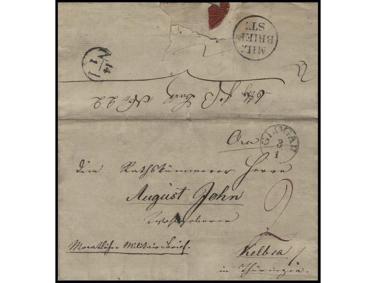 1831, "MIL: BRIEF=ST:", EKr. auf Feldpostbrief aus "GLOGAU 3 1", "Monatlicher Militair-Brief" mit moderiertem 2 Sgr.-Porto, S