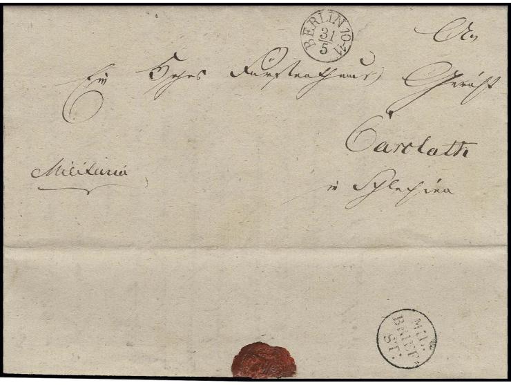 1833, EKr. "MIL: BRIEF:=ST:" auf portofreiem "Militaria"-Brief aus "BERLIN 31/5" nach Schlesien