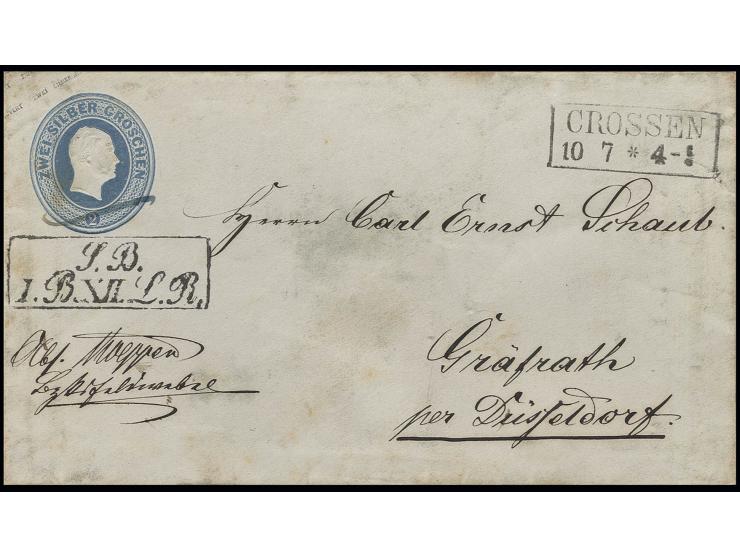 "S.B.I.B.XII. L.R." (1. Bataillon des XII Landwehr-Regiments), Ra2 Soldatenbriefstempel mit Ra2 "CROSSEN 10 7" - 2 Sgr.-Ganzs