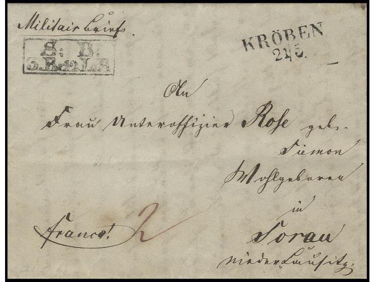 1848, "Militär Brief" mit Ra2 "S:B: 3. Bat. 12 L.R." (Soldatenbrief, 3. Bataillon 12. Landwehr Regiment) mit L2 "KRÖBEN 21/5.