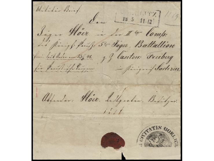 1849, Militärbrief an einen Soldaten im 5. Jäger-Bataillon im Canton Freiberg aus "GÖRLITZ 18 5" mit Portofreiheitsvermerk: "