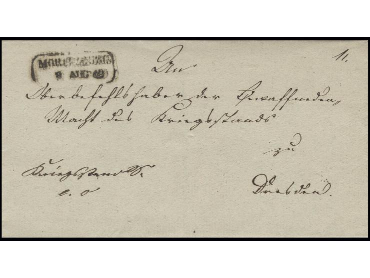1849, "Kriegsstandssache e.o." (ex oficio), Dienstbrief der Gemeinde Steinbach über "MORITZBURG 8. AUG. 49" (bei Dresden) "An