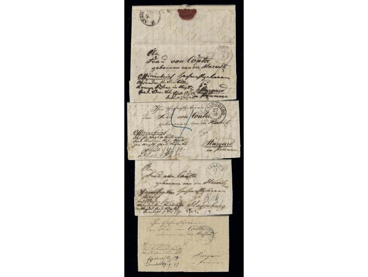 1849, 4 Briefe, Korrespondenz eines Offiziers, portofreie Briefe mit Vermerken "Offiziersbrief", 1. Brief mit DKr. "PELKUM 21
