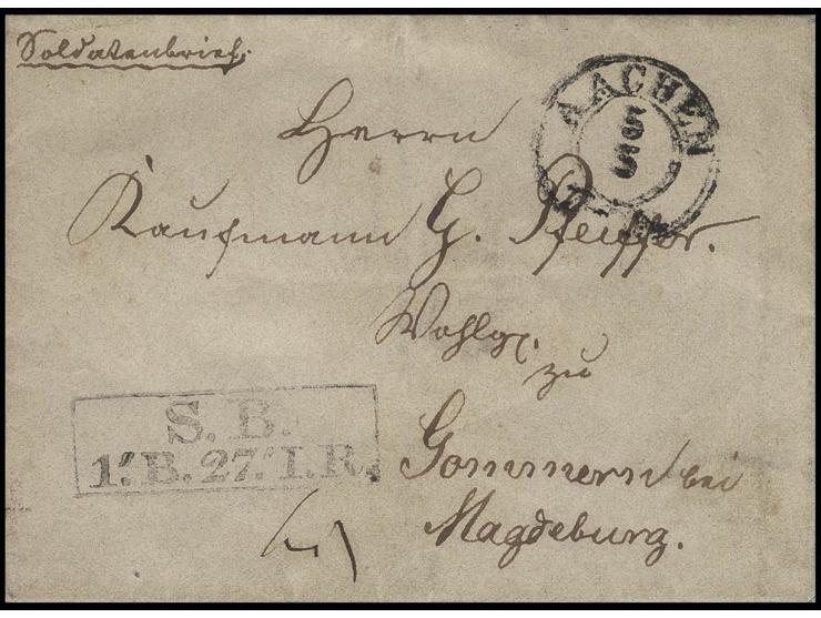 1849, Brief mit Vermerk: "Soldatenbrief" und Ra2 "S.B. 1.B. 27 I. R." (27. Inf.-Regiment), DKr. "AACHEN 5 5" nach Gommern