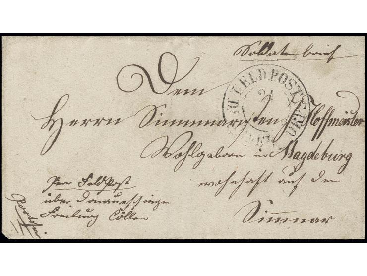 1850, DKr. "FELD-POST D.8. ARMEE-CORPS 24 2" mit Vermerk: "Soldatenbrief" und "per Feldpost über Donaueschingen, Freiburg, Cö