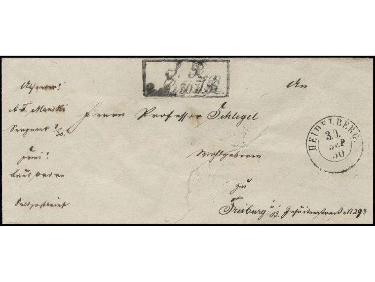 1850, "Feldpostbrief, frei laut Order", S.B.-Stempel 2. Bat., 30. Regiment mit DKr. "HEIDELBERG 30. SEP. 50" nach Freiburg