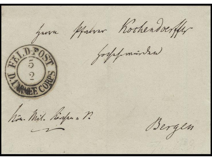 1850, "FELD-POST D.1. ARMEE-CORPS 5 2", DKr., mit seltenem Portofreiheitsvermerk "Kön. Mil. Kirchen S.", Militär-Kirchen-Sach