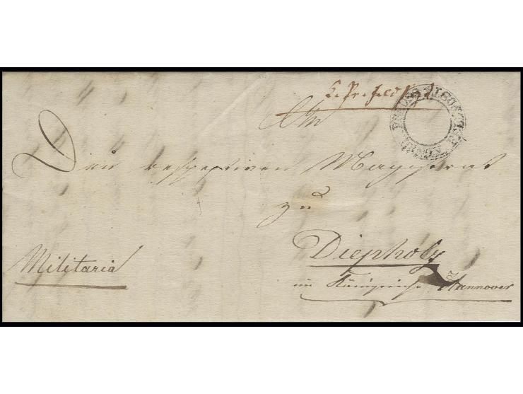 1849, "KÖNIGL. PREUSS. FELDPOST", DKr. auf Dienstbrief nach Diepholz in Hannover, über das hannoversche Postamt in Hamburg mi