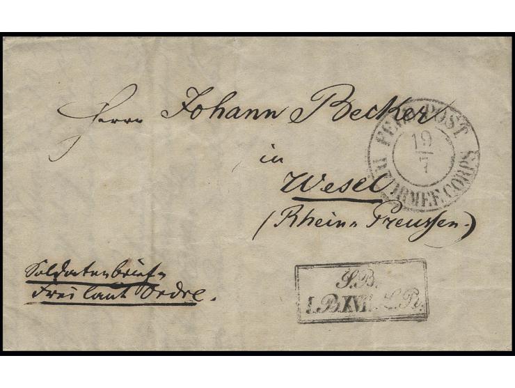 1849, "FELD-POST D.7. ARMEE CORPS 19/7", DKr. auf "Soldatenbrief, Frei laut Order" mit "S.B. I.B. XVII L R" (1. Bat., 17. Lan